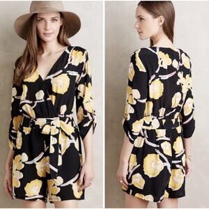 ANTHROPOLOGIE Elevenses Yellow Black Floral Romper women’s Small